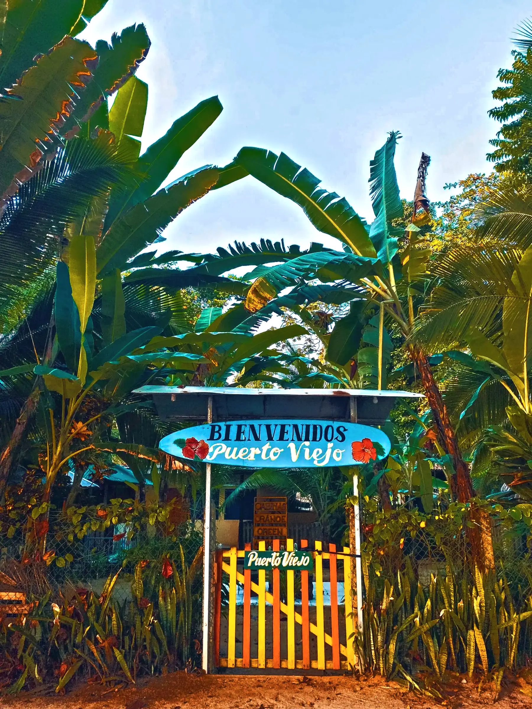 A painted welcome gate framed by banana plants in Puerto Viejo de Talamanca